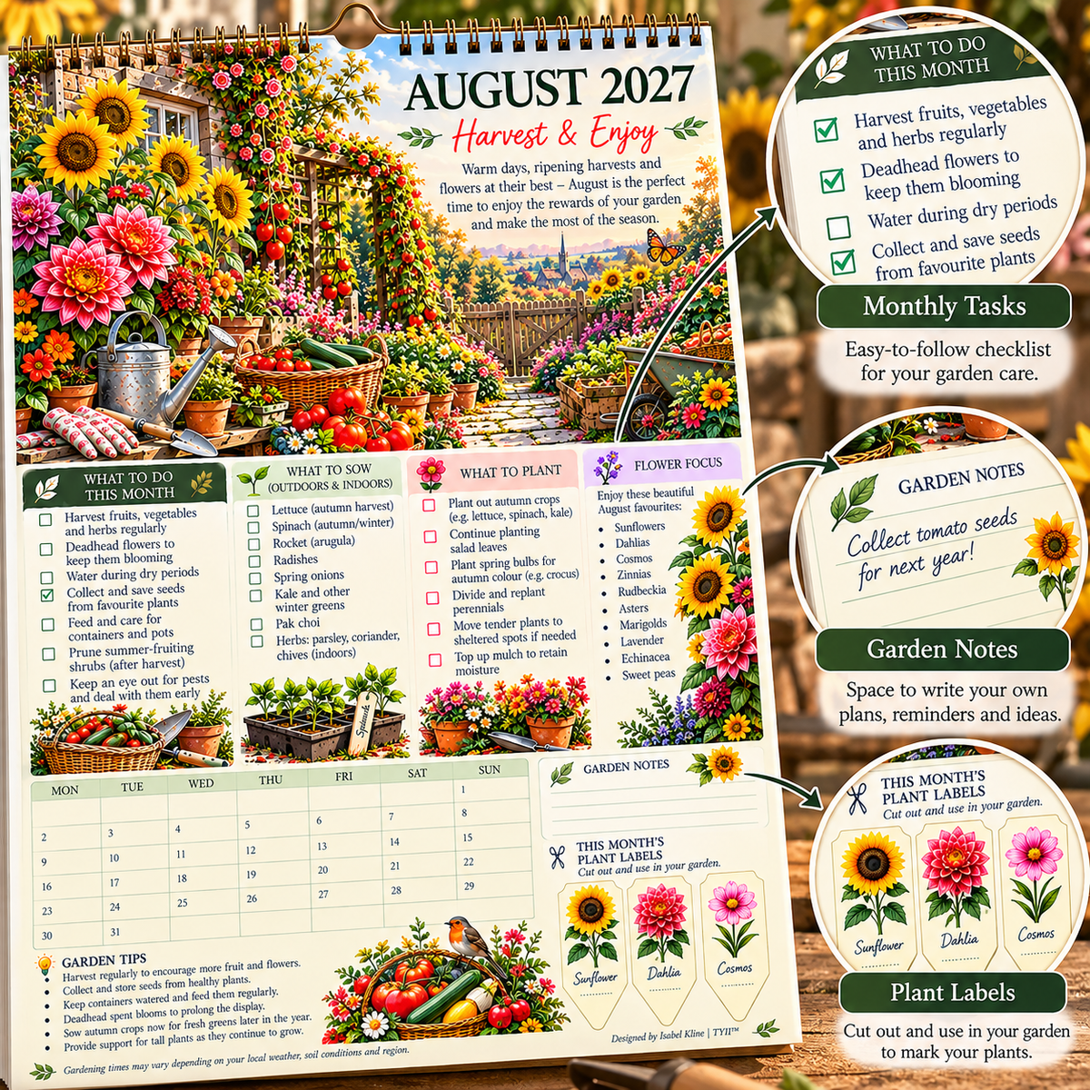 TYII™ Gartenkalender 2027 – Vier Jahreszeiten | A4-Wandkalender mit Pflanzratgeber, monatlichen Gartenarbeiten & Pflanzenetiketten