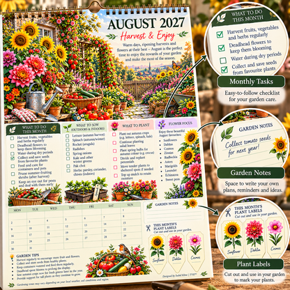 TYII™ Gartenkalender 2027 – Vier Jahreszeiten | A4-Wandkalender mit Pflanzratgeber, monatlichen Gartenarbeiten & Pflanzenetiketten