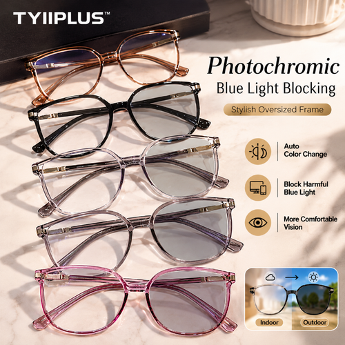TYIIPLUS™ Women's Photochromic Prescription Glasses – Oversized Fashion Frames with Blue Light Protection