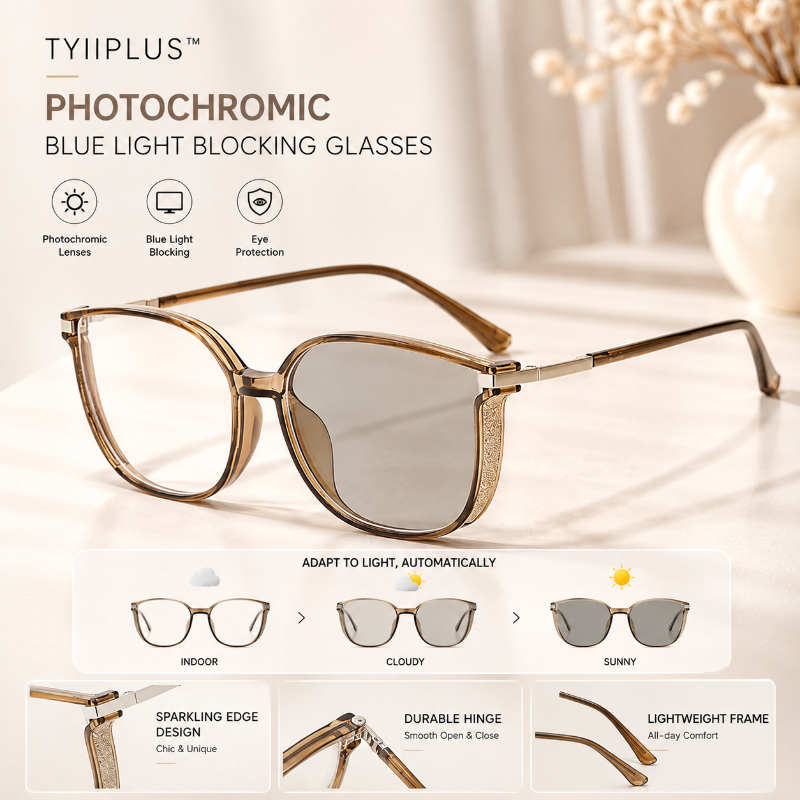 TYIIPLUS™ Women's Photochromic Prescription Glasses – Oversized Fashion Frames with Blue Light Protection