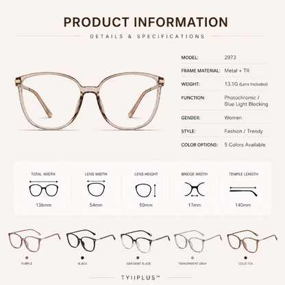 TYIIPLUS™ Women's Photochromic Prescription Glasses – Oversized Fashion Frames with Blue Light Protection