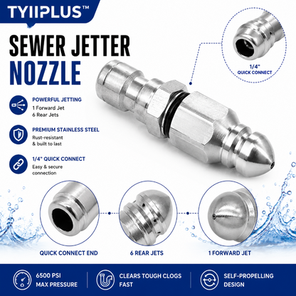 6500 PSI Stainless Steel Sewer Jetter Nozzle – 1/4" Quick Connect Drain Cleaning Attachment for Pressure Washers