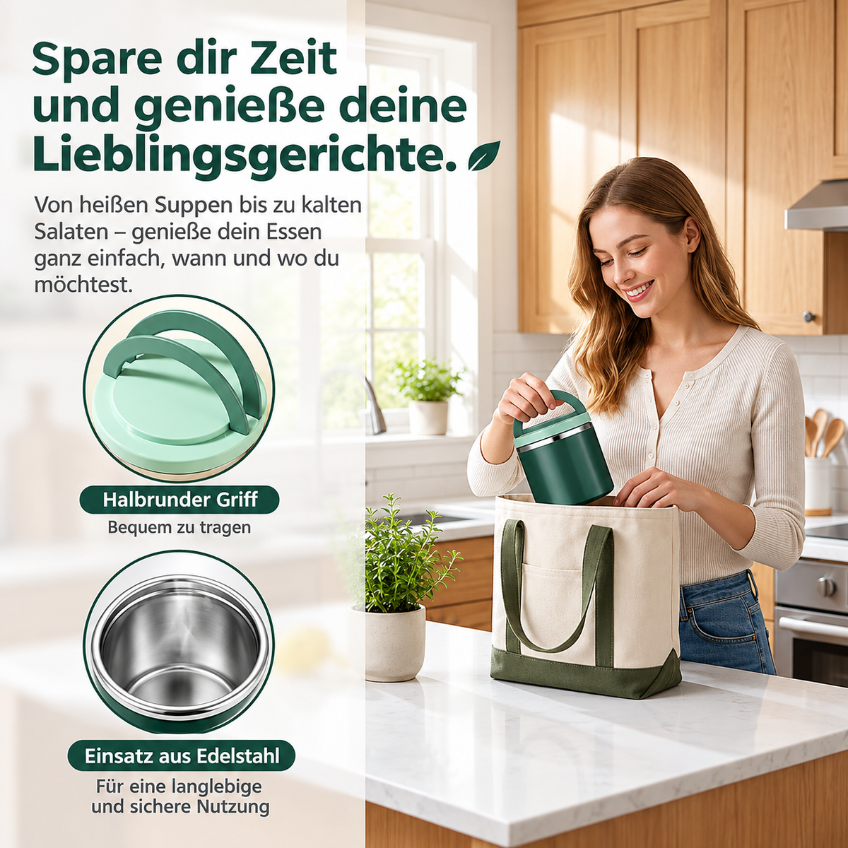 TYIIMAX™ Isolierte Lunchbox aus Edelstahl mit Griff – Auslaufsicherer und stapelbarer Lebensmittelbehälter, geeignet für Büro, Schule und Reisen