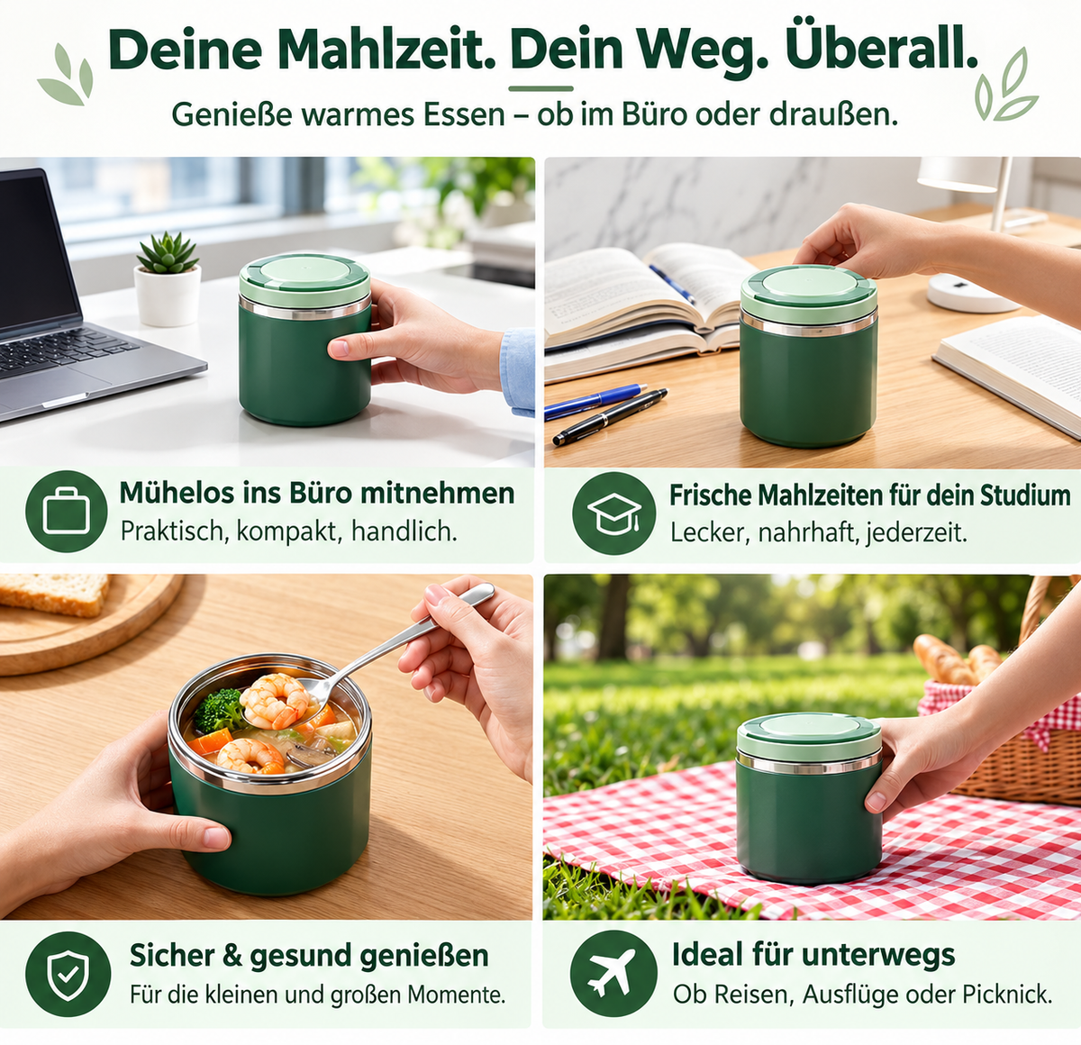 TYIIMAX™ Isolierte Lunchbox aus Edelstahl mit Griff – Auslaufsicherer und stapelbarer Lebensmittelbehälter, geeignet für Büro, Schule und Reisen