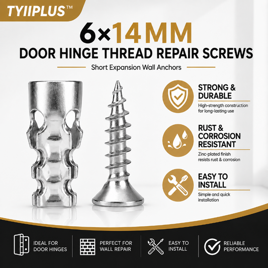 TYIIPLUS™ 6×14mm Door Hinge Thread Repair Screws – Short Expansion Wall Anchors for Cabinet, Tile & Wood Hinge Repair