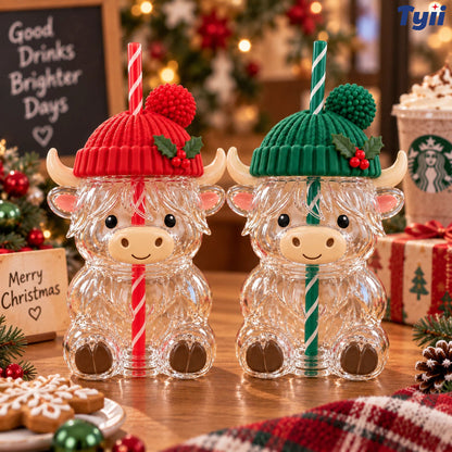 ❤️TYIIMAX™ Highland Bull Weihnachtsglas (mit Strohhalm) – Ein wunderschönes Geschenk für unterwegs