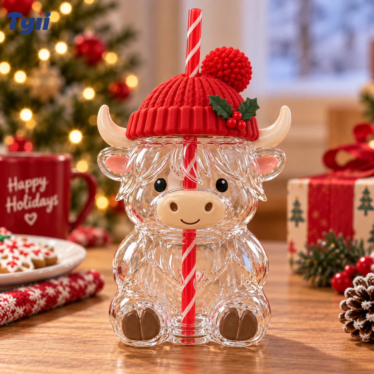 ❤️TYIIMAX™ Highland Bull Weihnachtsglas (mit Strohhalm) – Ein wunderschönes Geschenk für unterwegs