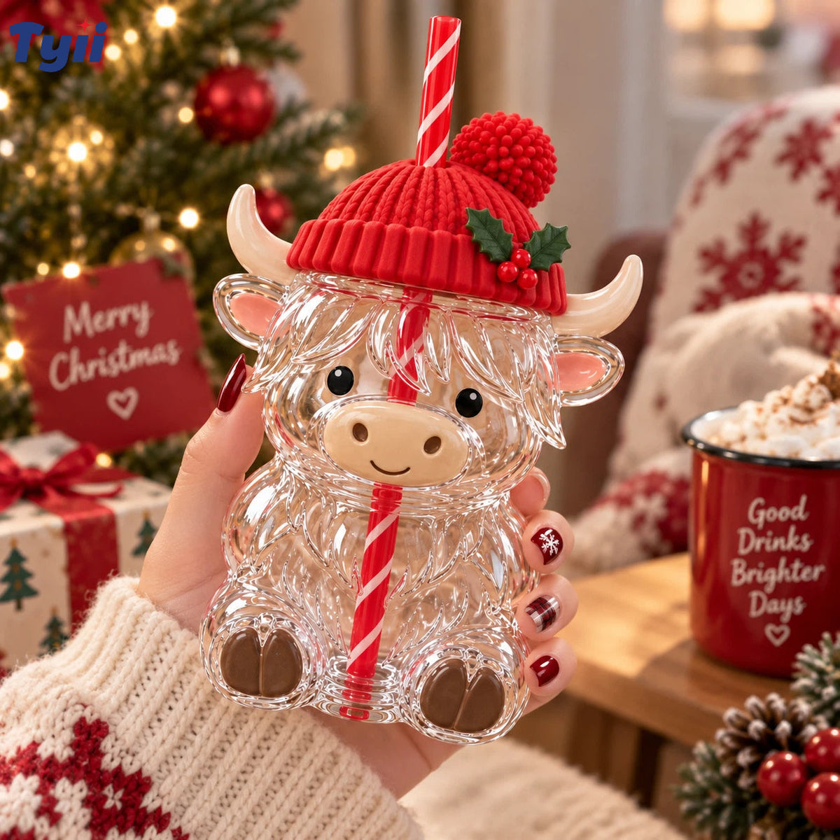 ❤️TYIIMAX™ Highland Bull Weihnachtsglas (mit Strohhalm) – Ein wunderschönes Geschenk für unterwegs
