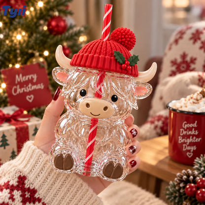 ❤️TYIIMAX™ Highland Bull Weihnachtsglas (mit Strohhalm) – Ein wunderschönes Geschenk für unterwegs