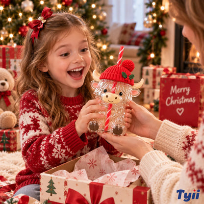 ❤️TYIIMAX™ Highland Bull Weihnachtsglas (mit Strohhalm) – Ein wunderschönes Geschenk für unterwegs