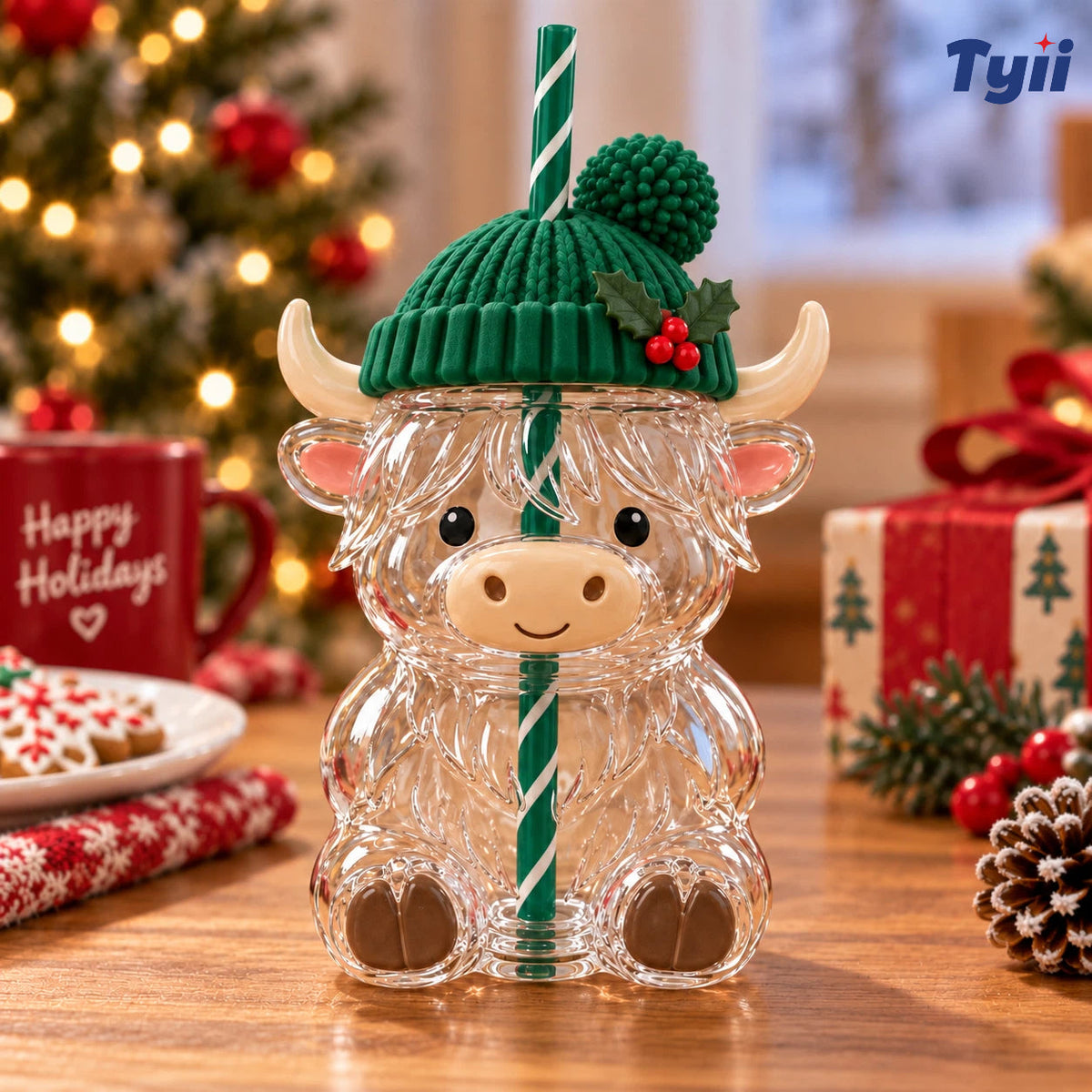 ❤️TYIIMAX™ Highland Bull Weihnachtsglas (mit Strohhalm) – Ein wunderschönes Geschenk für unterwegs