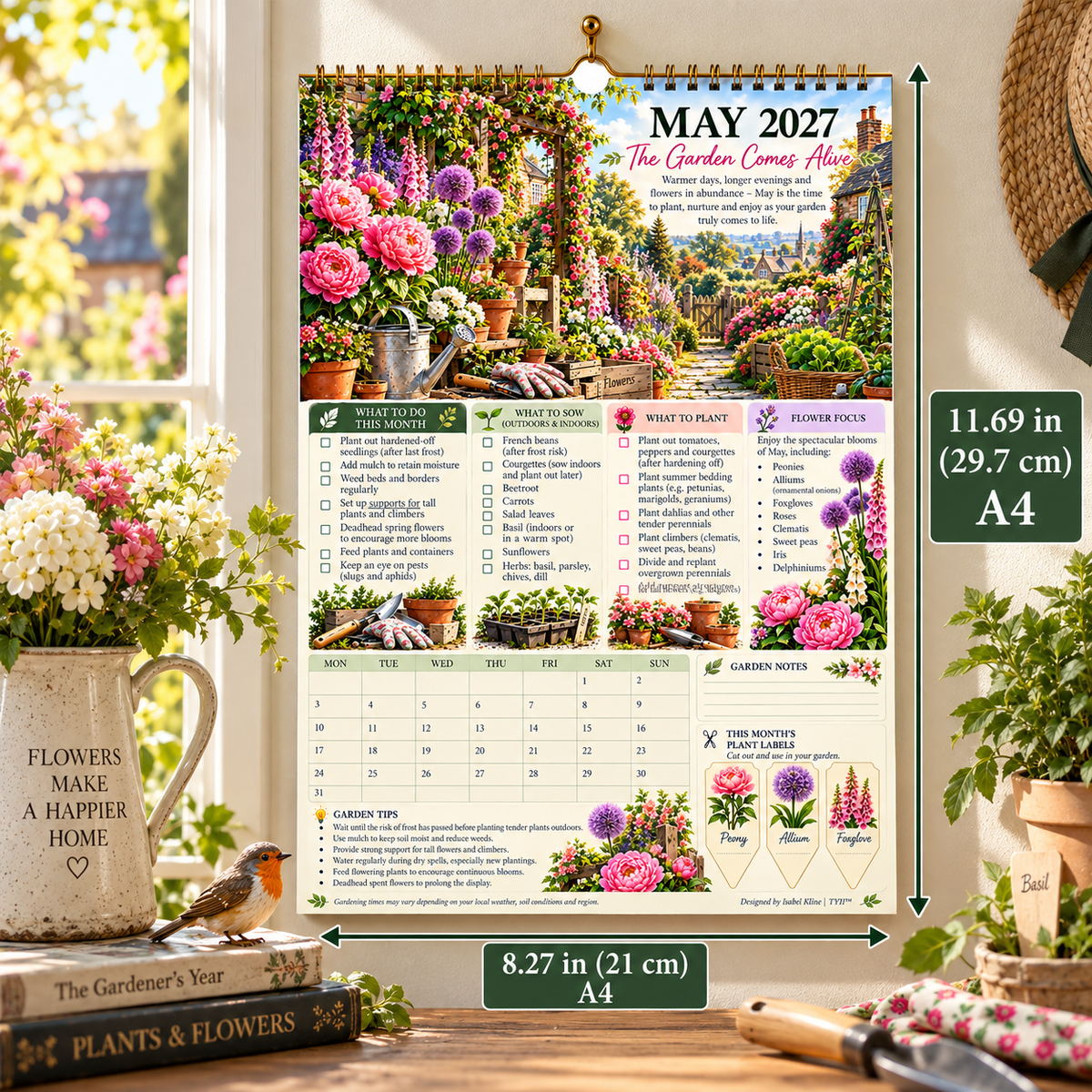 TYII™ Gartenkalender 2027 – Vier Jahreszeiten | A4-Wandkalender mit Pflanzratgeber, monatlichen Gartenarbeiten & Pflanzenetiketten