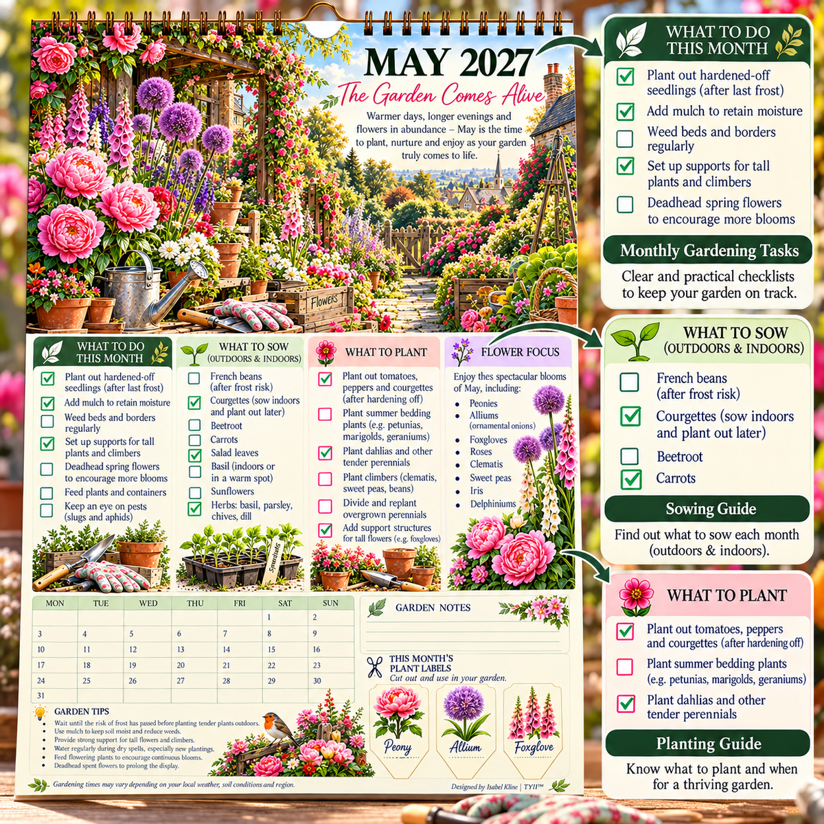 TYII™ Gartenkalender 2027 – Vier Jahreszeiten | A4-Wandkalender mit Pflanzratgeber, monatlichen Gartenarbeiten & Pflanzenetiketten
