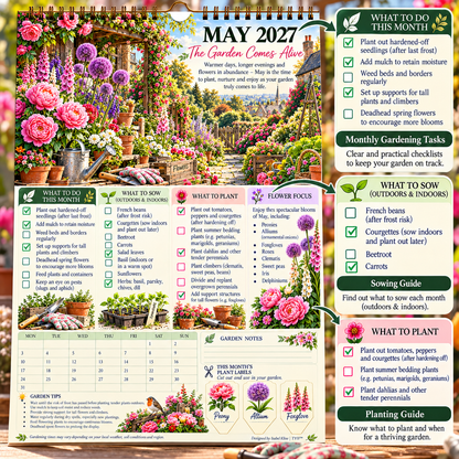 TYII™ Gartenkalender 2027 – Vier Jahreszeiten | A4-Wandkalender mit Pflanzratgeber, monatlichen Gartenarbeiten & Pflanzenetiketten