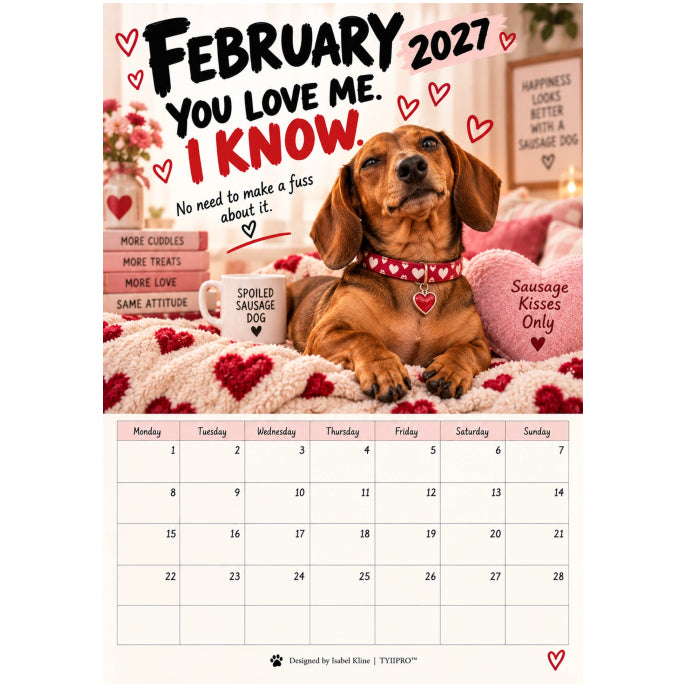 TYIIMAX™ 2027 Lustiger Dackel-Wandkalender – Sarkastischer Wursthund-Kalender, monatliches Geschenk für Hundeliebhaber im A4-Format