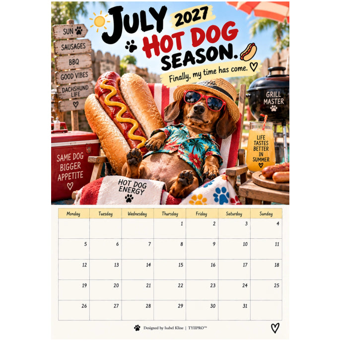 TYIIMAX™ 2027 Lustiger Dackel-Wandkalender – Sarkastischer Wursthund-Kalender, monatliches Geschenk für Hundeliebhaber im A4-Format
