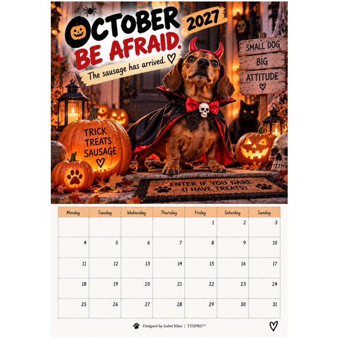 TYIIMAX™ 2027 Lustiger Dackel-Wandkalender – Sarkastischer Wursthund-Kalender, monatliches Geschenk für Hundeliebhaber im A4-Format