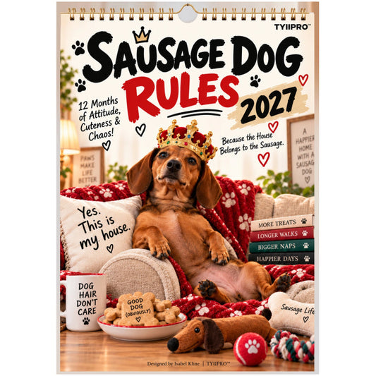 TYIIMAX™ 2027 Lustiger Dackel-Wandkalender – Sarkastischer Wursthund-Kalender, monatliches Geschenk für Hundeliebhaber im A4-Format