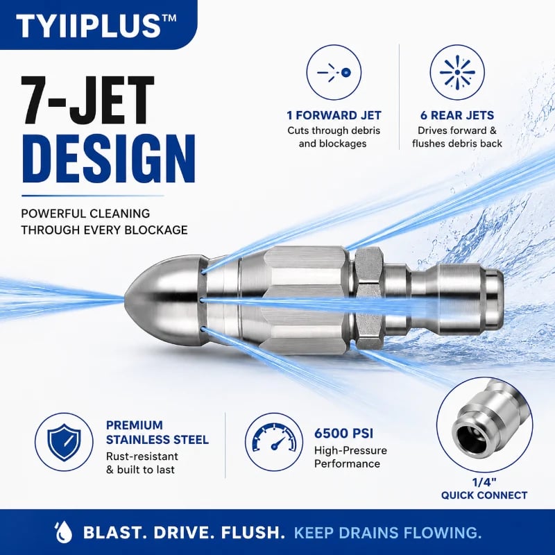 6500 PSI Sewer Jetter Nozzle – 1/4' Quick Connect Drain Cleaning Attachment for Pressure Washers