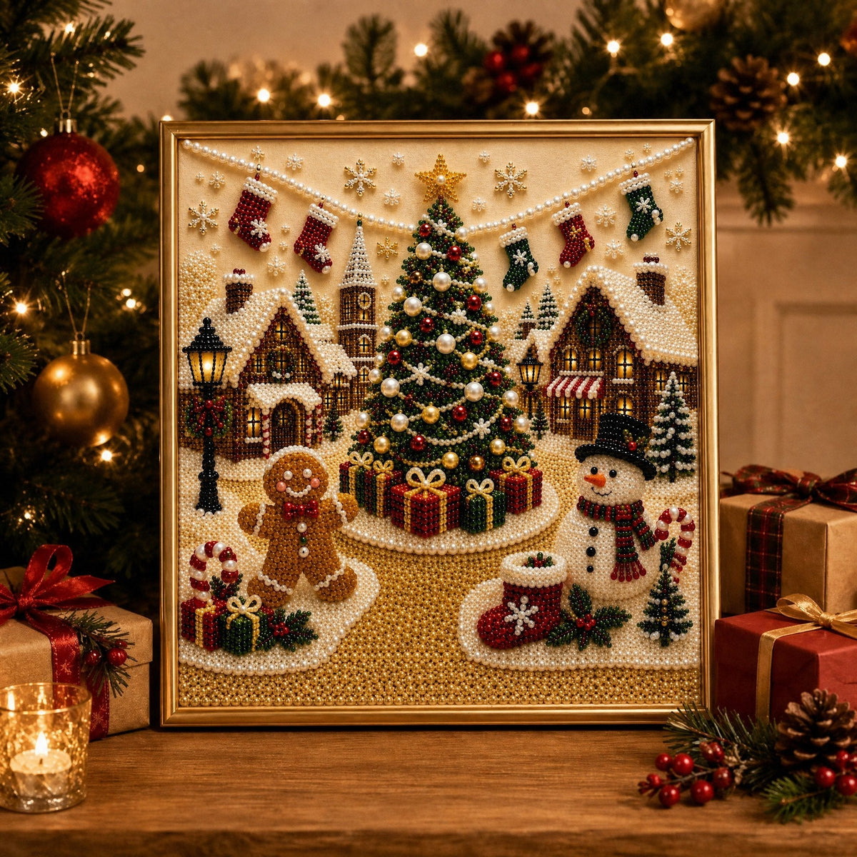 🎄🎅 Premium 3D-Perlen-Weihnachts-Wandkunst-Set | Luxuriöse beflockte Leinwand mit kratzfesten und lichtbeständigen Perlen für selbstgemachte Weihnachtsdekoration ⛄️❄️