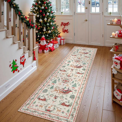 🎄Weihnachtsteppich mit Rentieren und Weihnachtsmann