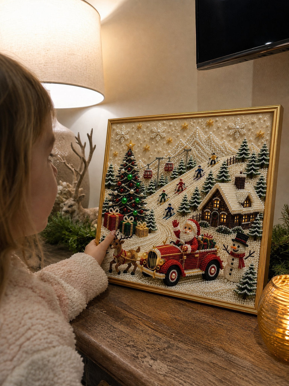 🎄🎅 Premium 3D-Perlen-Weihnachts-Wandkunst-Set | Luxuriöse beflockte Leinwand mit kratzfesten und lichtbeständigen Perlen für selbstgemachte Weihnachtsdekoration ⛄️❄️