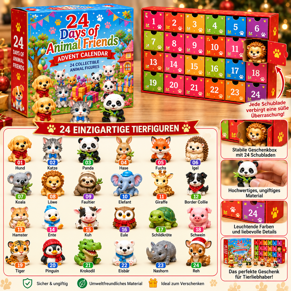 TYIIMAX™ „Tierfreunde“ Weihnachts-Adventskalender (24 Tage) – Ein Countdown-Geschenk für Kinder mit 24 sammelbaren Tierfiguren