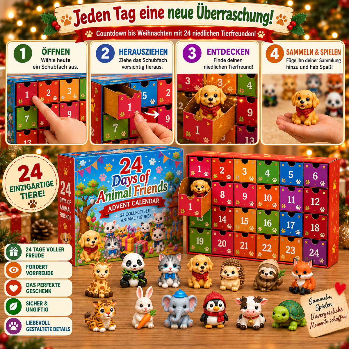TYIIMAX™ „Tierfreunde“ Weihnachts-Adventskalender (24 Tage) – Ein Countdown-Geschenk für Kinder mit 24 sammelbaren Tierfiguren