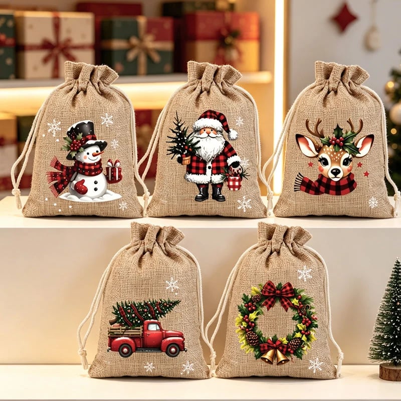 🎁 Weihnachts-Geschenkbeutel mit Kordelzug – Festliche Weihnachtsmann- & Rentiermotive, Doppel-Kordelzug & strapazierfähiger Stoff ✨