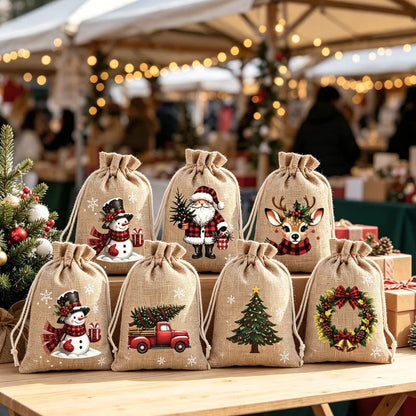 🎁 Weihnachts-Geschenkbeutel mit Kordelzug – Festliche Weihnachtsmann- & Rentiermotive, Doppel-Kordelzug & strapazierfähiger Stoff ✨