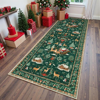 🎄Weihnachtsteppich mit Rentieren und Weihnachtsmann