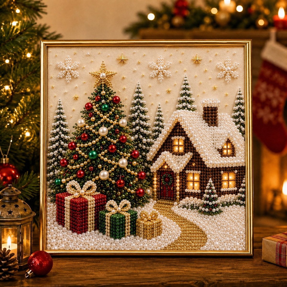 🎄🎅 Premium 3D-Perlen-Weihnachts-Wandkunst-Set | Luxuriöse beflockte Leinwand mit kratzfesten und lichtbeständigen Perlen für selbstgemachte Weihnachtsdekoration ⛄️❄️