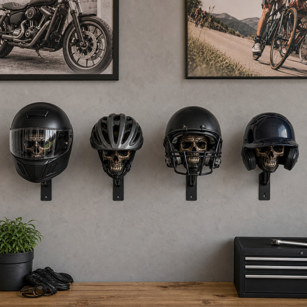 Motorradhelm-Halterung „Totenkopf“ – Wandhalterung im Punk-Totenkopf-Design für Helme, Jacken & Garagendekoration