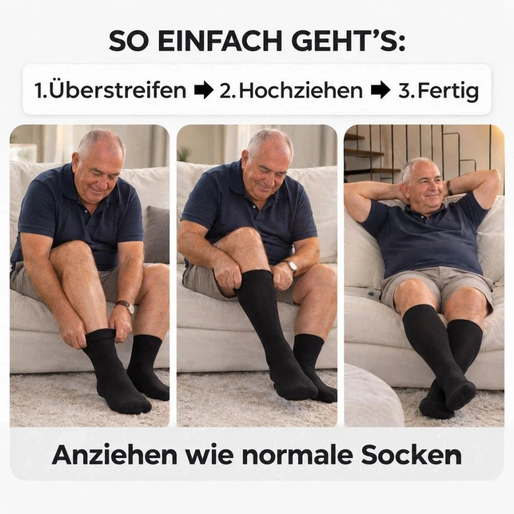 Mann um die 65 zieht schwarze Mevery Kompressionsstrümpfe für Herren in drei Schritten an: überstreifen, hochziehen, fertig