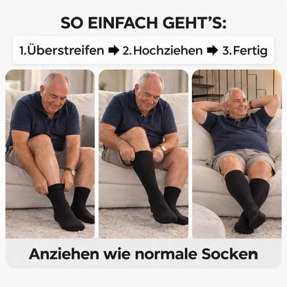 Mann um die 65 zieht schwarze Mevery Kompressionsstrümpfe für Herren in drei Schritten an: überstreifen, hochziehen, fertig