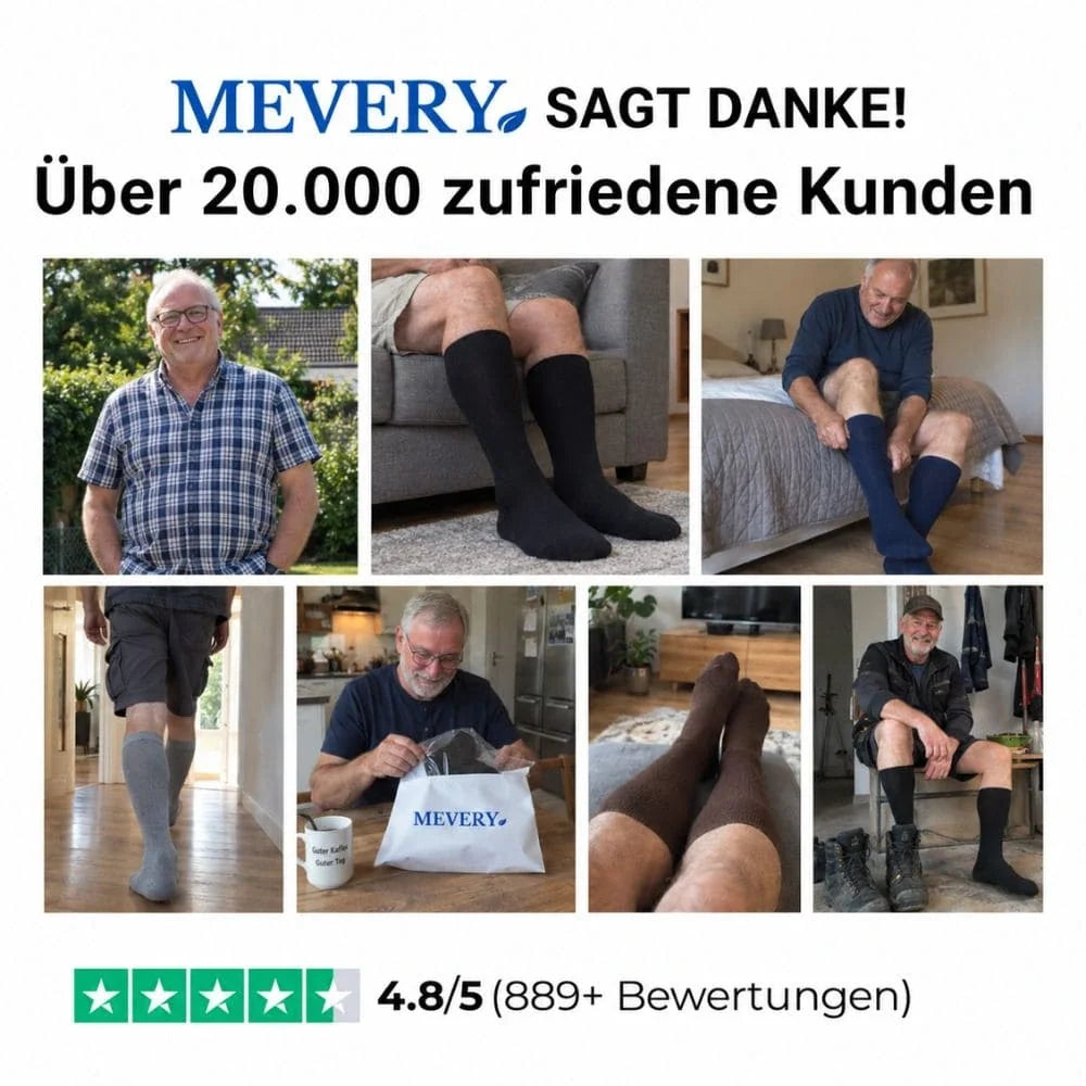 Collage mit Mevery Kunden, die Kompressionsstrümpfe für Herren im Alltag tragen, darunter Bewertung